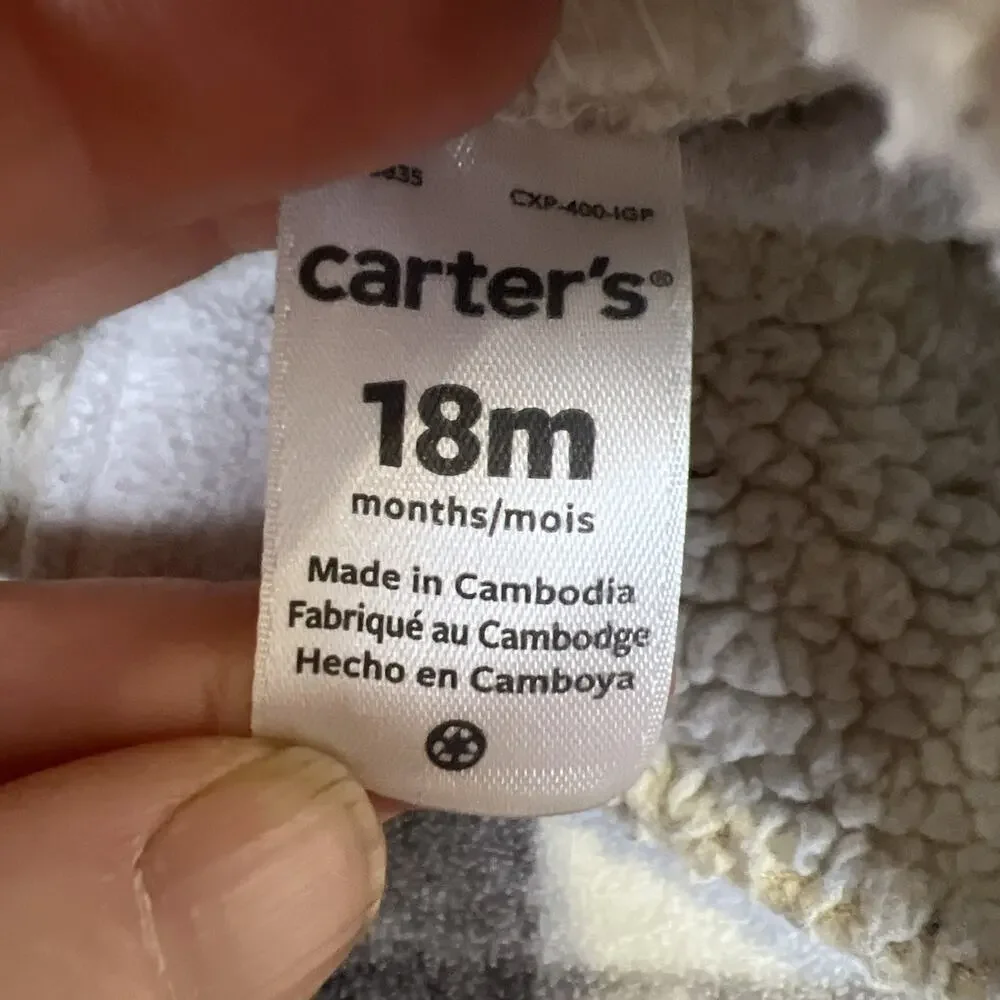 Carters Toddler 18month Fleece Plaid White Gray Warm Cozy Sweatshirt Sherpa neck
